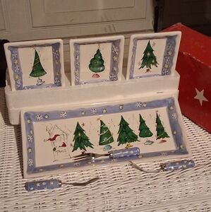 Macys Christmas Tree Platter And 3 Condiment Dish Set
